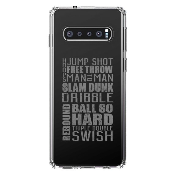 DistinctInk Clear Shockproof Hybrid Case for Samsung Galaxy S10+ PLUS (6.4" Screen) - TPU Bumper Acrylic Back Tempered Glass Screen Protector - Basketball Word Art Jump Shot Free Throw