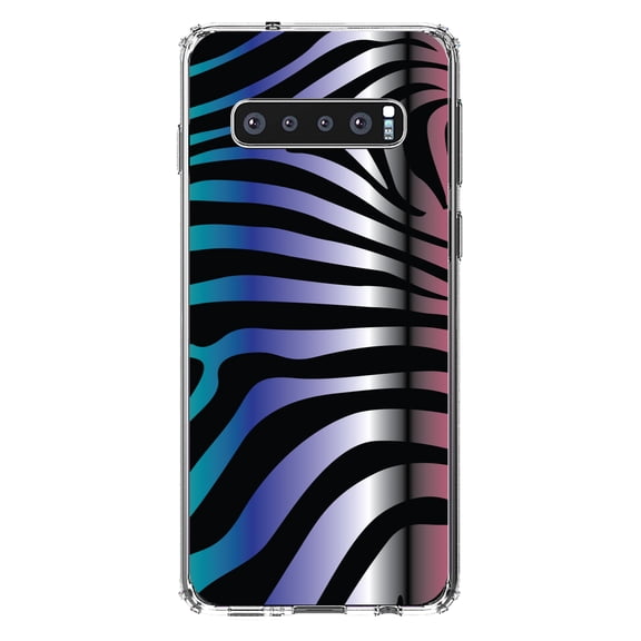 DistinctInk Clear Shockproof Hybrid Case for Samsung Galaxy S10+ PLUS(6.4" Screen) - TPU Bumper, Acrylic Back, Tempered Glass Screen Protector - Black Pink Teal Blue Zebra