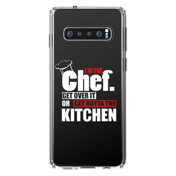 DistinctInk Clear Shockproof Hybrid Case for Samsung Galaxy S10+ PLUS (6.4" Screen) - TPU Bumper Acrylic Back Tempered Glass Screen Protector - I'm the Chef Get Over it