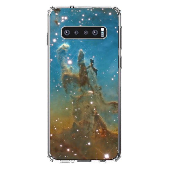 DistinctInk Clear Shockproof Hybrid Case for Samsung Galaxy S10+ PLUS(6.4" Screen) - TPU Bumper, Acrylic Back, Tempered Glass Screen Protector - Eagle Nebula Blue Green -Astronomy