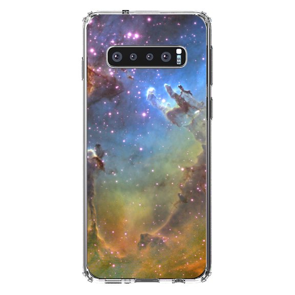 DistinctInk Clear Shockproof Hybrid Case for Samsung Galaxy S10+ PLUS(6.4" Screen) - TPU Bumper, Acrylic Back, Tempered Glass Screen Protector - Eagle Nebula Orange Blue -Astronomy