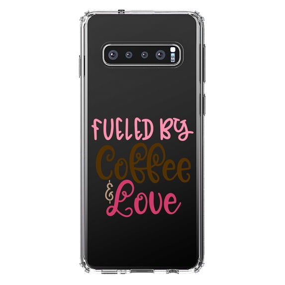 DistinctInk Clear Shockproof Hybrid Case for Samsung Galaxy S10+ PLUS (6.4" Screen) - TPU Bumper Acrylic Back Tempered Glass Screen Protector - Fueled By Coffee & Love