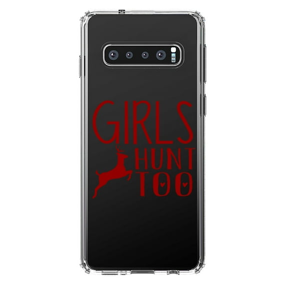 DistinctInk Clear Shockproof Hybrid Case for Samsung Galaxy S10+ PLUS (6.4" Screen) - TPU Bumper Acrylic Back Tempered Glass Screen Protector - Girls Hunt Too - Deer