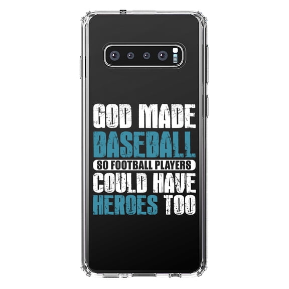 DistinctInk Clear Shockproof Hybrid Case for Samsung Galaxy S10+ PLUS (6.4" Screen) - TPU Bumper Acrylic Back Tempered Glass Screen Protector - God Made Baseball so Football Players Heroes