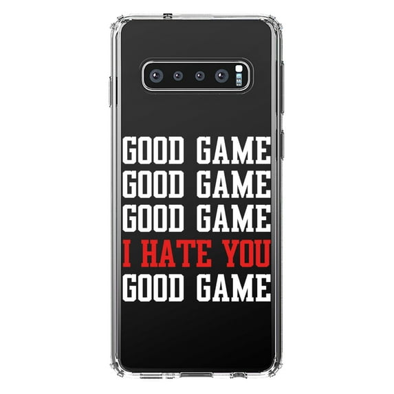 DistinctInk Clear Shockproof Hybrid Case for Samsung Galaxy S10+ PLUS (6.4" Screen) - TPU Bumper Acrylic Back Tempered Glass Screen Protector - Good Game I Hate You Good Game