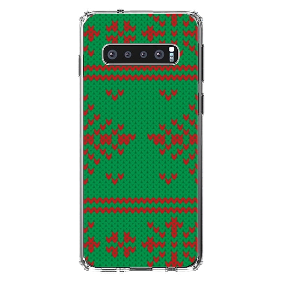 DistinctInk Clear Shockproof Hybrid Case for Samsung Galaxy S10+ PLUS(6.4" Screen) - TPU Bumper, Acrylic Back, Tempered Glass Screen Protector - Green Red Ugly Christmas Sweater - Christmas All Year