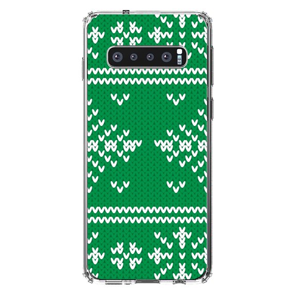 DistinctInk Clear Shockproof Hybrid Case for Samsung Galaxy S10+ PLUS(6.4" Screen) - TPU Bumper, Acrylic Back, Tempered Glass Screen Protector - Green White Ugly Christmas Sweater - Christmas All Year