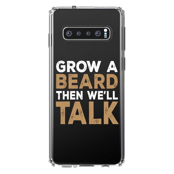 DistinctInk Clear Shockproof Hybrid Case for Samsung Galaxy S10+ PLUS (6.4" Screen) - TPU Bumper Acrylic Back Tempered Glass Screen Protector - Grow a Beard Then We'll Talk