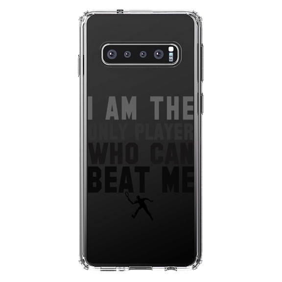 DistinctInk Clear Shockproof Hybrid Case for Samsung Galaxy S10+ PLUS (6.4" Screen) - TPU Bumper Acrylic Back Tempered Glass Screen Protector - I Am The Only Player Who Can Beat Me Tennis