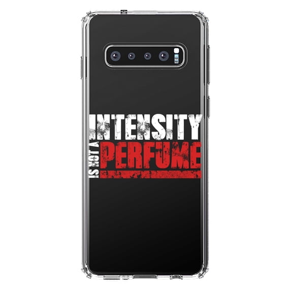DistinctInk Clear Shockproof Hybrid Case for Samsung Galaxy S10+ PLUS (6.4" Screen) - TPU Bumper Acrylic Back Tempered Glass Screen Protector - Intensity Isn't A Perfume