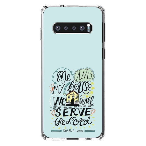 DistinctInk Clear Shockproof Hybrid Case for Samsung Galaxy S10+ PLUS(6.4" Screen) - TPU Bumper, Acrylic Back, Tempered Glass Screen Protector - Joshua 24:15 - We Will Serve the Lord