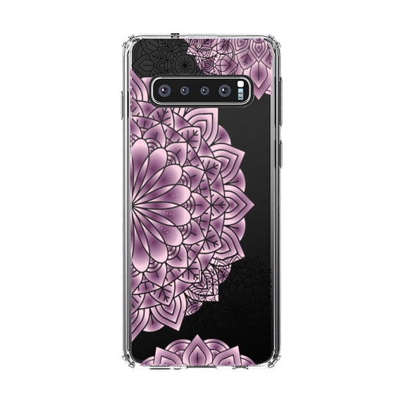 DistinctInk Clear Shockproof Hybrid Case for Samsung Galaxy S10+ PLUS(6.4" Screen) - TPU Bumper, Acrylic Back, Tempered Glass Screen Protector - Mandala - Purple and Pink and Black