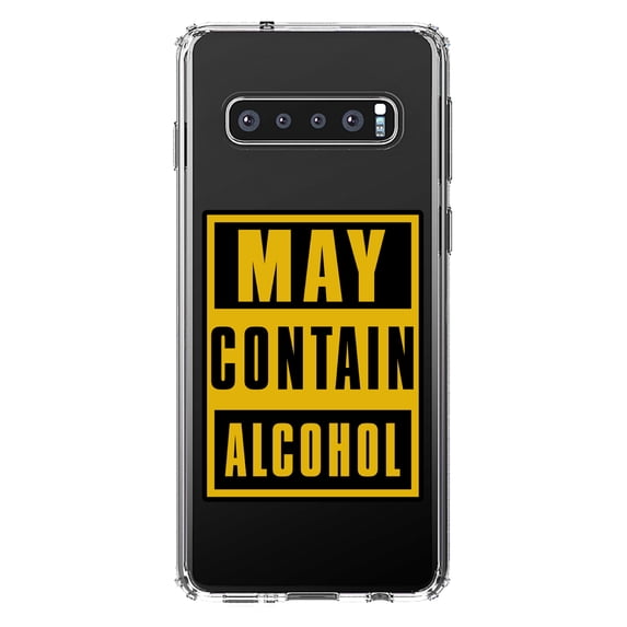 DistinctInk Clear Shockproof Hybrid Case for Samsung Galaxy S10+ PLUS (6.4" Screen) - TPU Bumper Acrylic Back Tempered Glass Screen Protector - May Contain Alcohol Warning Sign