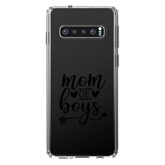 DistinctInk Clear Shockproof Hybrid Case for Samsung Galaxy S10+ PLUS (6.4" Screen) - TPU Bumper Acrylic Back Tempered Glass Screen Protector - Mom of Boys