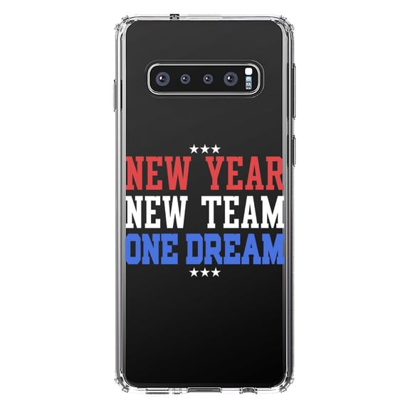 DistinctInk Clear Shockproof Hybrid Case for Samsung Galaxy S10+ PLUS (6.4" Screen) - TPU Bumper Acrylic Back Tempered Glass Screen Protector - New Year New Team One Dream