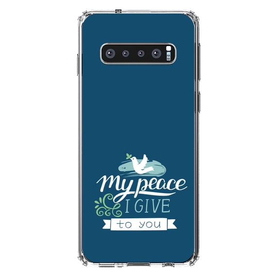 DistinctInk Clear Shockproof Hybrid Case for Samsung Galaxy S10+ PLUS(6.4" Screen) - TPU Bumper, Acrylic Back, Tempered Glass Screen Protector - My Peace I Give To You - Dove