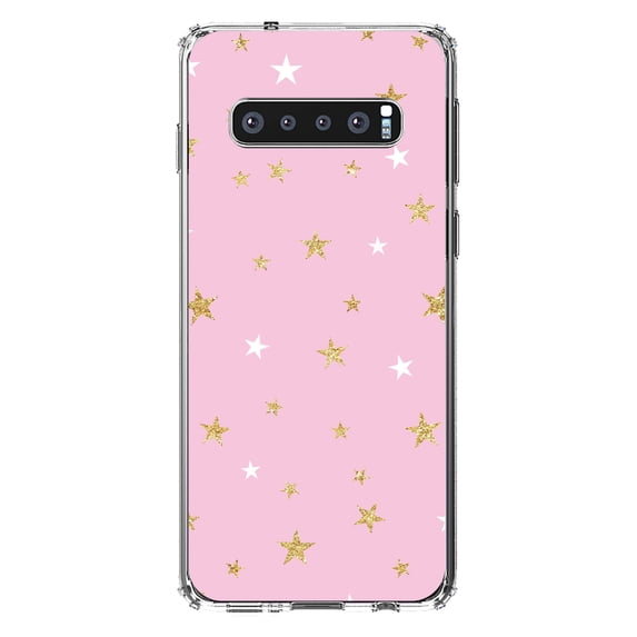 DistinctInk Clear Shockproof Hybrid Case for Samsung Galaxy S10+ PLUS(6.4" Screen) - TPU Bumper, Acrylic Back, Tempered Glass Screen Protector - Pink & Gold Print - Stars Pattern