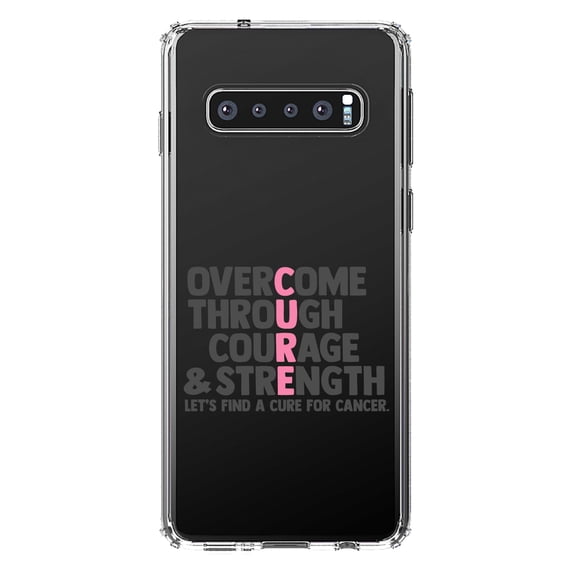 DistinctInk Clear Shockproof Hybrid Case for Samsung Galaxy S10+ PLUS (6.4" Screen) - TPU Bumper Acrylic Back Tempered Glass Screen Protector - Pink Ribbon Cancer - Cure Word Art