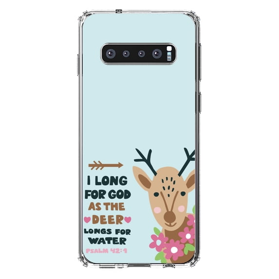 DistinctInk Clear Shockproof Hybrid Case for Samsung Galaxy S10+ PLUS(6.4" Screen) - TPU Bumper, Acrylic Back, Tempered Glass Screen Protector - Psalm 42:1 - Long for God as the Deer Water