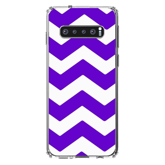 DistinctInk Clear Shockproof Hybrid Case for Samsung Galaxy S10+ PLUS(6.4" Screen) - TPU Bumper, Acrylic Back, Tempered Glass Screen Protector - Purple White Stripes - Stripes Pattern