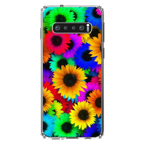 DistinctInk Clear Shockproof Hybrid Case for Samsung Galaxy S10+ PLUS(6.4" Screen) - TPU Bumper, Acrylic Back, Tempered Glass Screen Protector - Red Green Yellow Sunflowers