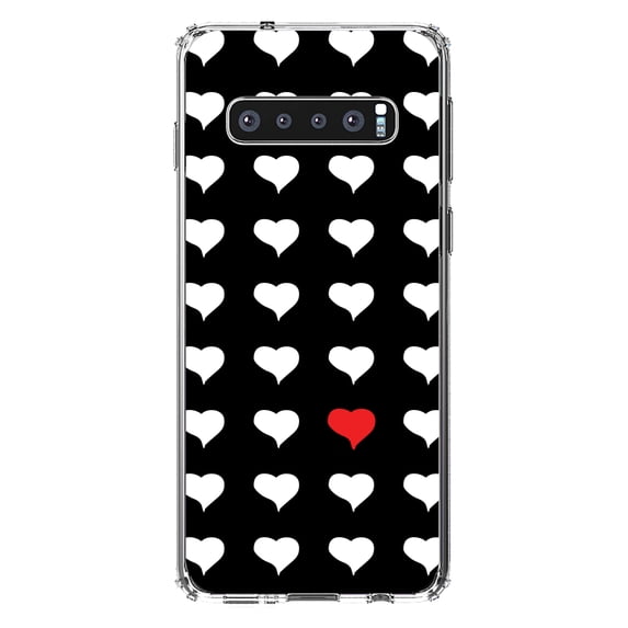 DistinctInk Clear Shockproof Hybrid Case for Samsung Galaxy S10+ PLUS(6.4" Screen) - TPU Bumper, Acrylic Back, Tempered Glass Screen Protector - Red White Black Repeating Hearts