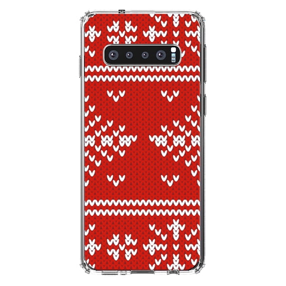 DistinctInk Clear Shockproof Hybrid Case for Samsung Galaxy S10+ PLUS(6.4" Screen) - TPU Bumper, Acrylic Back, Tempered Glass Screen Protector - Red White Ugly Christmas Sweater - Christmas All Year