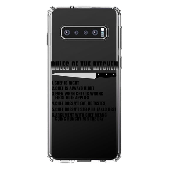 DistinctInk Clear Shockproof Hybrid Case for Samsung Galaxy S10+ PLUS (6.4" Screen) - TPU Bumper Acrylic Back Tempered Glass Screen Protector - Rules of the Kitchen - Chef Is Right