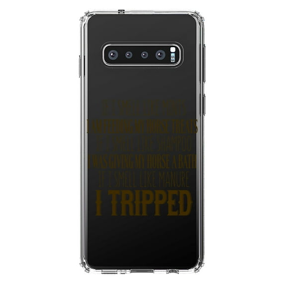 DistinctInk Clear Shockproof Hybrid Case for Samsung Galaxy S10+ PLUS (6.4" Screen) - TPU Bumper Acrylic Back Tempered Glass Screen Protector - Smell Like Horse Treats, Shampoo, Manure