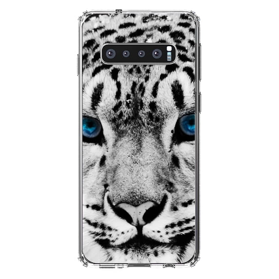 DistinctInk Clear Shockproof Hybrid Case for Samsung Galaxy S10+ PLUS(6.4" Screen) - TPU Bumper, Acrylic Back, Tempered Glass Screen Protector - Snow Leopard Blue Eyes - Animal Print