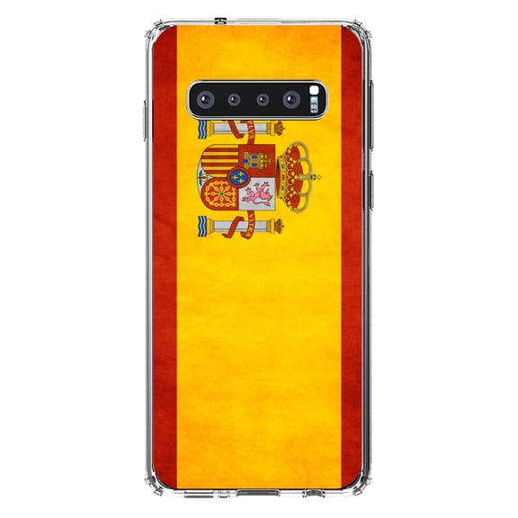 DistinctInk Clear Shockproof Hybrid Case for Samsung Galaxy S10+ PLUS(6.4" Screen) - TPU Bumper, Acrylic Back, Tempered Glass Screen Protector - Spain Old Weathered Spanish Flag Red Yellow -Spain