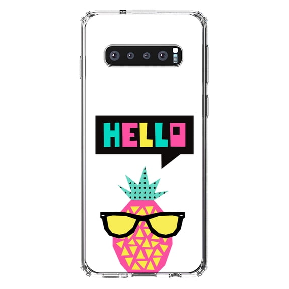 DistinctInk Clear Shockproof Hybrid Case for Samsung Galaxy S10+ PLUS(6.4" Screen) - TPU Bumper, Acrylic Back, Tempered Glass Screen Protector - Summer Graphics - Hello Cartoon Pineapple