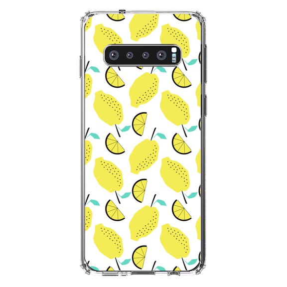DistinctInk Clear Shockproof Hybrid Case for Samsung Galaxy S10+ PLUS(6.4" Screen) - TPU Bumper, Acrylic Back, Tempered Glass Screen Protector - Summer Graphics - Lemon Pattern - Lemonade