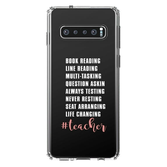 DistinctInk Clear Shockproof Hybrid Case for Samsung Galaxy S10+ PLUS (6.4" Screen) - TPU Bumper Acrylic Back Tempered Glass Screen Protector - Teacher Book Reading Line Multi Tasking