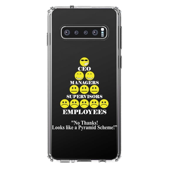 DistinctInk Clear Shockproof Hybrid Case for Samsung Galaxy S10+ PLUS (6.4" Screen) - TPU Bumper Acrylic Back Tempered Glass Screen Protector - No Thanks Looks Like a Pyramid Scheme