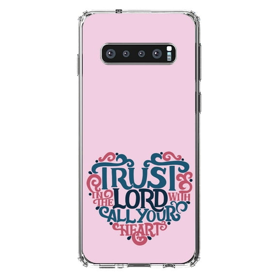 DistinctInk Clear Shockproof Hybrid Case for Samsung Galaxy S10+ PLUS(6.4" Screen) - TPU Bumper, Acrylic Back, Tempered Glass Screen Protector - Trust In The Lord With All Your Heart