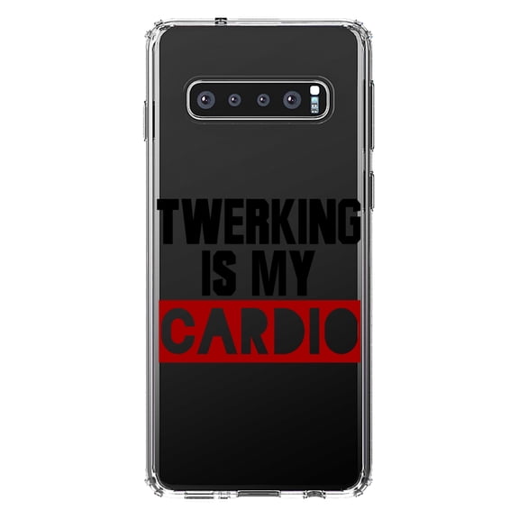 DistinctInk Clear Shockproof Hybrid Case for Samsung Galaxy S10+ PLUS (6.4" Screen) - TPU Bumper Acrylic Back Tempered Glass Screen Protector - Twerking is My Cardio
