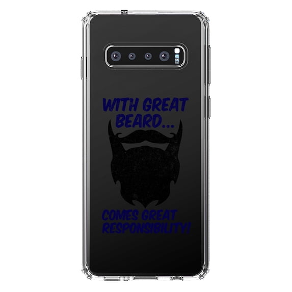 DistinctInk Clear Shockproof Hybrid Case for Samsung Galaxy S10+ PLUS (6.4" Screen) - TPU Bumper Acrylic Back Tempered Glass Screen Protector - With Great Beard Comes Great Responsibility