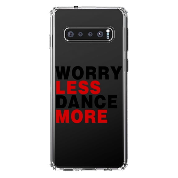 DistinctInk Clear Shockproof Hybrid Case for Samsung Galaxy S10+ PLUS (6.4" Screen) - TPU Bumper Acrylic Back Tempered Glass Screen Protector - Worry Less, Dance More