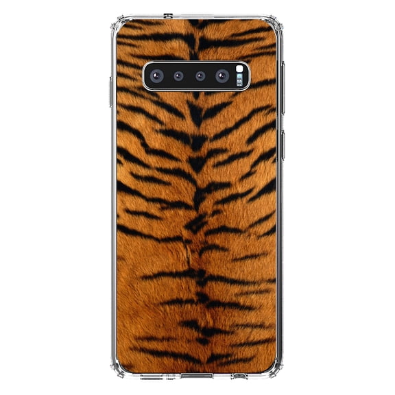 DistinctInk Clear Shockproof Hybrid Case for Samsung Galaxy S10+ PLUS(6.4" Screen) - TPU Bumper, Acrylic Back, Tempered Glass Screen Protector - Yellow Black Tiger Fur Skin Print - Animal Print