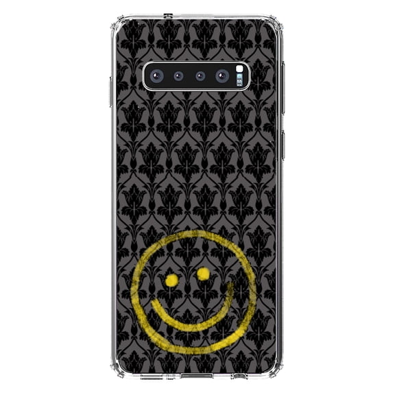 DistinctInk Clear Shockproof Hybrid Case for Samsung Galaxy S10+ PLUS(6.4" Screen) - TPU Bumper, Acrylic Back, Tempered Glass Screen Protector - Yellow Smiley Face Black Grey Damask
