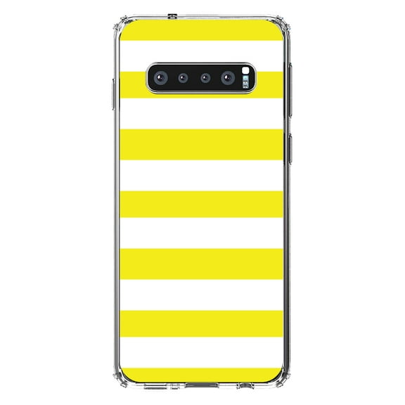 DistinctInk Clear Shockproof Hybrid Case for Samsung Galaxy S10+ PLUS(6.4" Screen) - TPU Bumper, Acrylic Back, Tempered Glass Screen Protector - Yellow & White Bold Horizontal Stripes