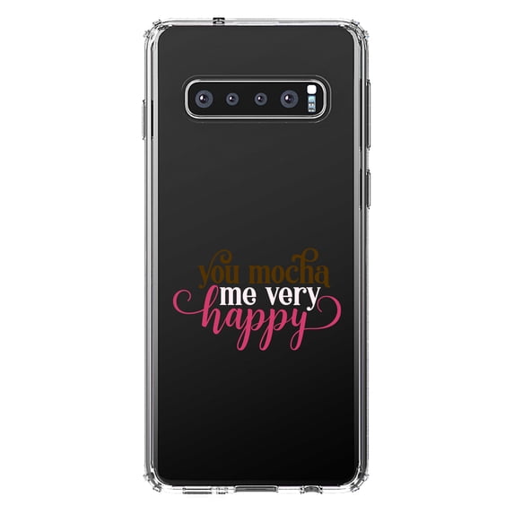 DistinctInk Clear Shockproof Hybrid Case for Samsung Galaxy S10+ PLUS (6.4" Screen) - TPU Bumper Acrylic Back Tempered Glass Screen Protector - You Mocha Me Very Happy