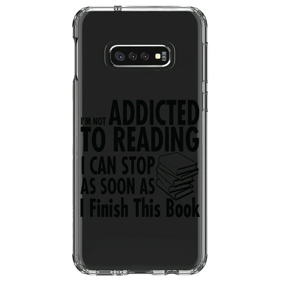 DistinctInk Clear Shockproof Hybrid Case for Samsung Galaxy S10e (5.8" Screen) - TPU Bumper Acrylic Back Tempered Glass Screen Protector - Not Addicted to Reading - Can Stop When I Finish