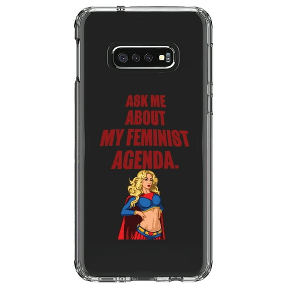 DistinctInk Clear Shockproof Hybrid Case for Samsung Galaxy S10e (5.8" Screen) - TPU Bumper Acrylic Back Tempered Glass Screen Protector - Ask Me About My Feminist Agenda