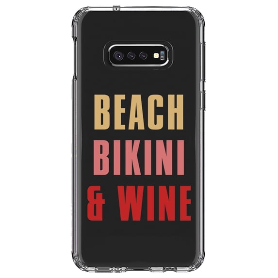DistinctInk Clear Shockproof Hybrid Case for Samsung Galaxy S10e (5.8" Screen) - TPU Bumper Acrylic Back Tempered Glass Screen Protector - Beach Bikini & Wine