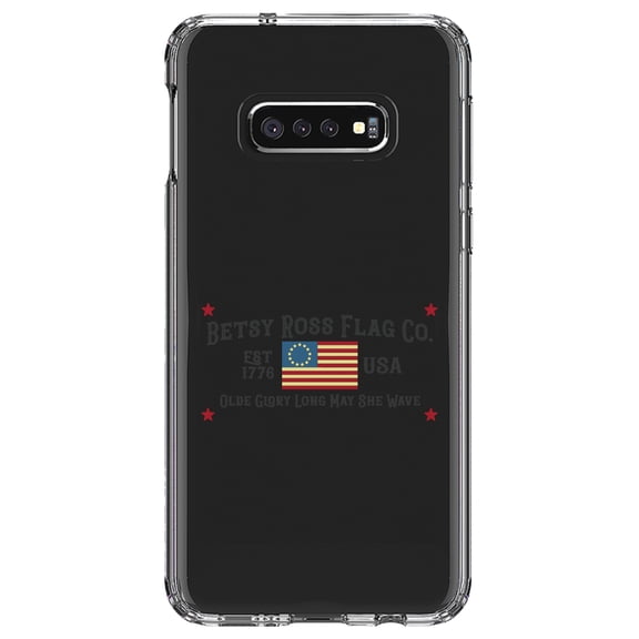 DistinctInk Clear Shockproof Hybrid Case for Samsung Galaxy S10e (5.8" Screen) - TPU Bumper Acrylic Back Tempered Glass Screen Protector - Betsy Ross Flag Co - Old Glory USA