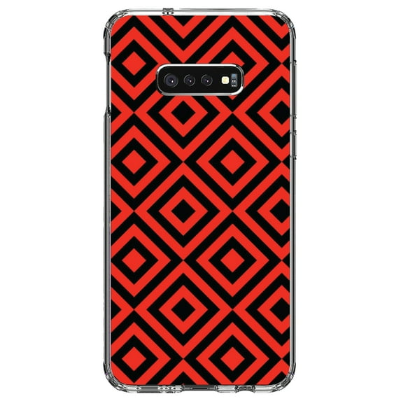 DistinctInk Clear Shockproof Hybrid Case for Samsung Galaxy S10e (5.8" Screen) - TPU Bumper, Acrylic Back, Tempered Glass Screen Protector - Black Red Diamond Pattern Geometric