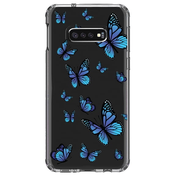 DistinctInk Clear Shockproof Hybrid Case for Samsung Galaxy S10e (5.8" Screen) - TPU Bumper Acrylic Back Tempered Glass Screen Protector - Blue Butterflies Butterfly