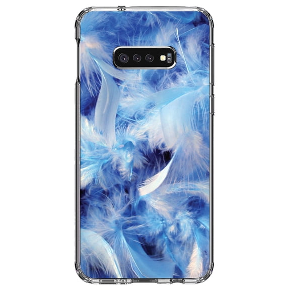 DistinctInk Clear Shockproof Hybrid Case for Samsung Galaxy S10e (5.8" Screen) - TPU Bumper, Acrylic Back, Tempered Glass Screen Protector - Blue Feathers